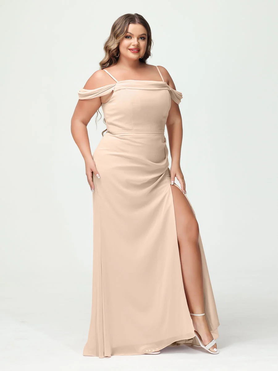 Sheath/Column Spaghetti Straps Off-the-Shoulder Chiffon Split Side Plus Size Bridesmaid Dresses - Image 23