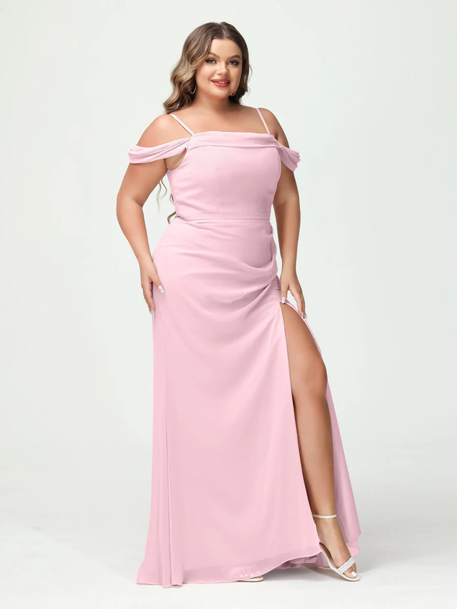 Sheath/Column Spaghetti Straps Off-the-Shoulder Chiffon Split Side Plus Size Bridesmaid Dresses - Image 25