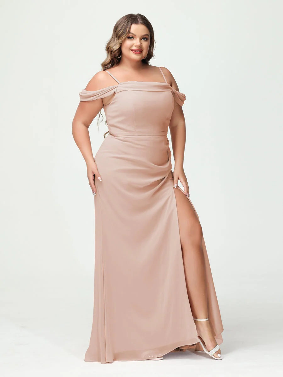Sheath/Column Spaghetti Straps Off-the-Shoulder Chiffon Split Side Plus Size Bridesmaid Dresses - Image 28