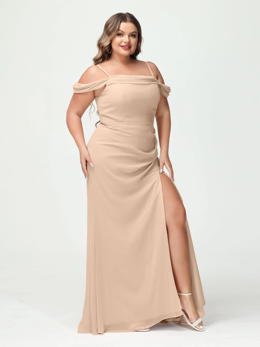 Sheath/Column Spaghetti Straps Off-the-Shoulder Chiffon Split Side Plus Size Bridesmaid Dresses - Image 29