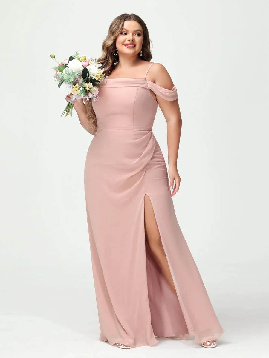 Sheath/Column Spaghetti Straps Off-the-Shoulder Chiffon Split Side Plus Size Bridesmaid Dresses - Image 3