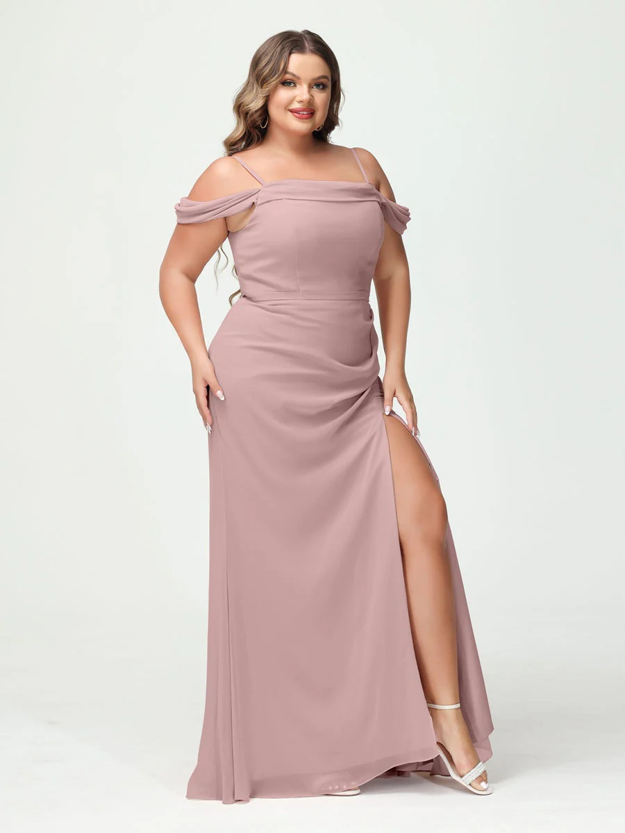 Sheath/Column Spaghetti Straps Off-the-Shoulder Chiffon Split Side Plus Size Bridesmaid Dresses - Image 30