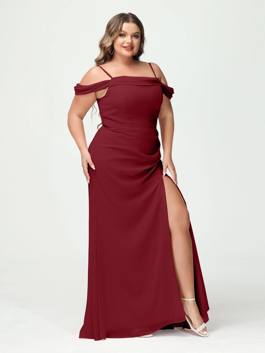 Sheath/Column Spaghetti Straps Off-the-Shoulder Chiffon Split Side Plus Size Bridesmaid Dresses - Image 36