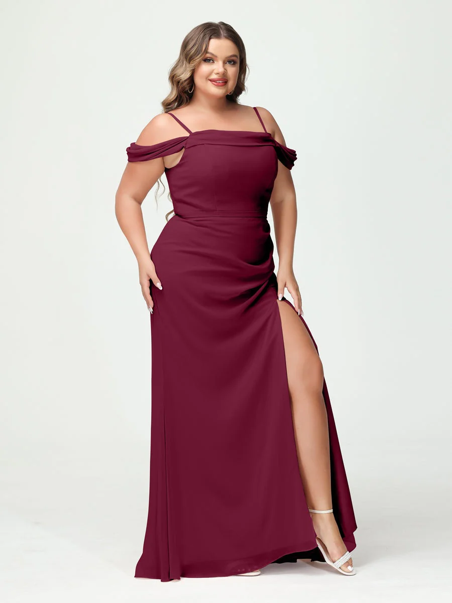 Sheath/Column Spaghetti Straps Off-the-Shoulder Chiffon Split Side Plus Size Bridesmaid Dresses - Image 37