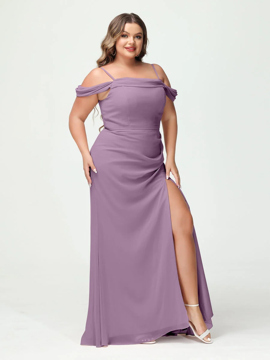Sheath/Column Spaghetti Straps Off-the-Shoulder Chiffon Split Side Plus Size Bridesmaid Dresses - Image 39