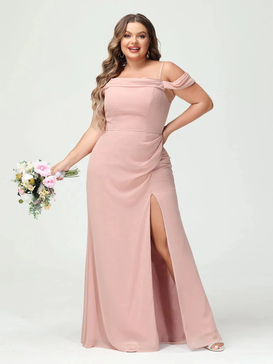 Sheath/Column Spaghetti Straps Off-the-Shoulder Chiffon Split Side Plus Size Bridesmaid Dresses - Image 4