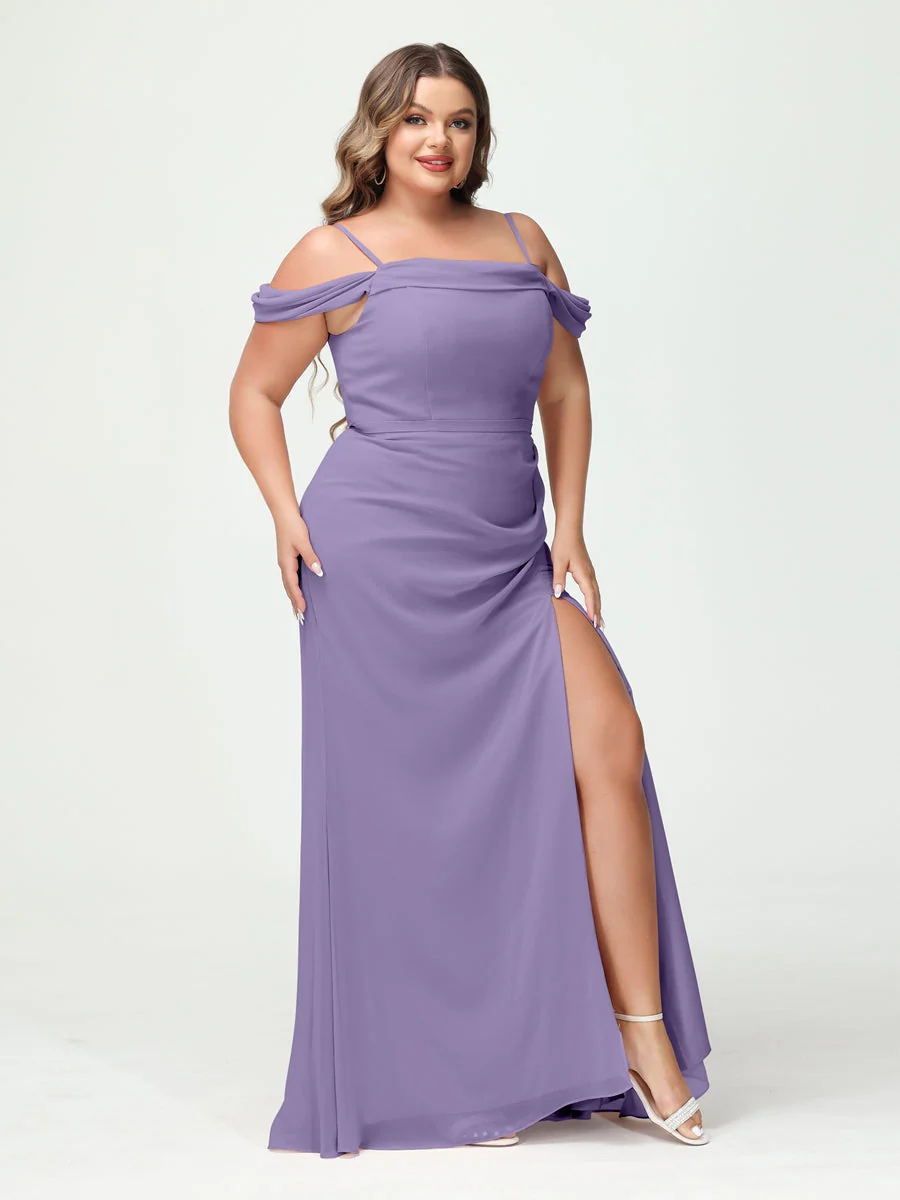 Sheath/Column Spaghetti Straps Off-the-Shoulder Chiffon Split Side Plus Size Bridesmaid Dresses - Image 40