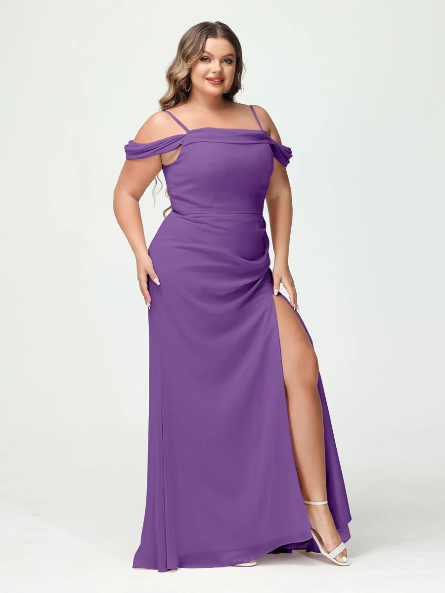 Sheath/Column Spaghetti Straps Off-the-Shoulder Chiffon Split Side Plus Size Bridesmaid Dresses - Image 41