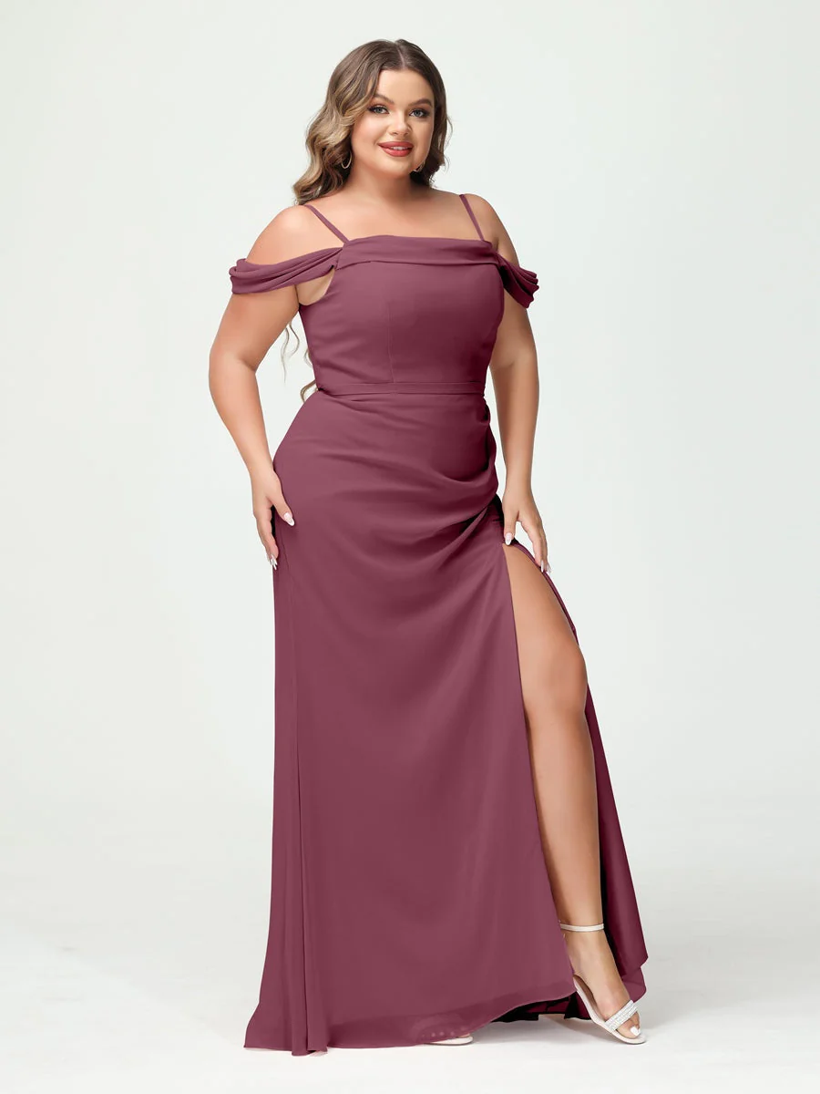 Sheath/Column Spaghetti Straps Off-the-Shoulder Chiffon Split Side Plus Size Bridesmaid Dresses - Image 42