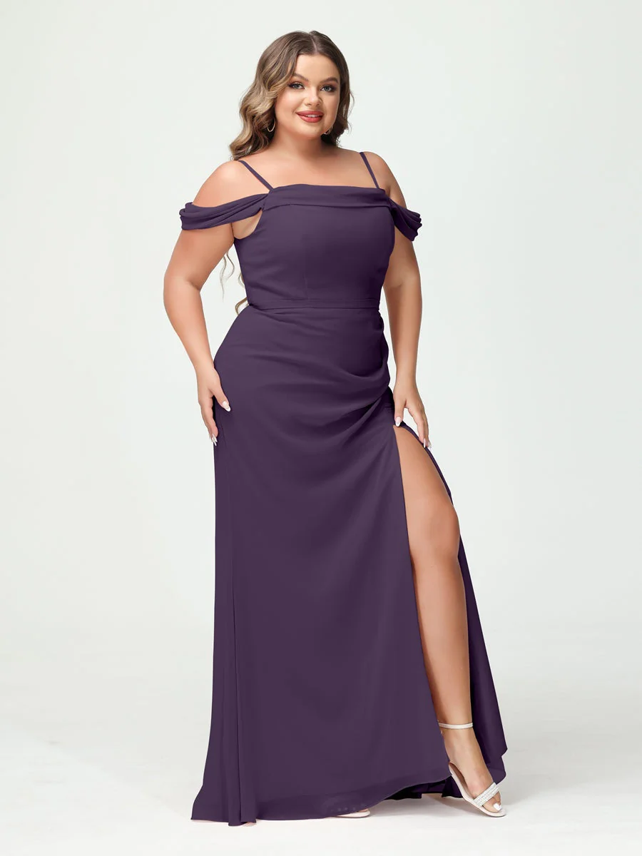 Sheath/Column Spaghetti Straps Off-the-Shoulder Chiffon Split Side Plus Size Bridesmaid Dresses - Image 44