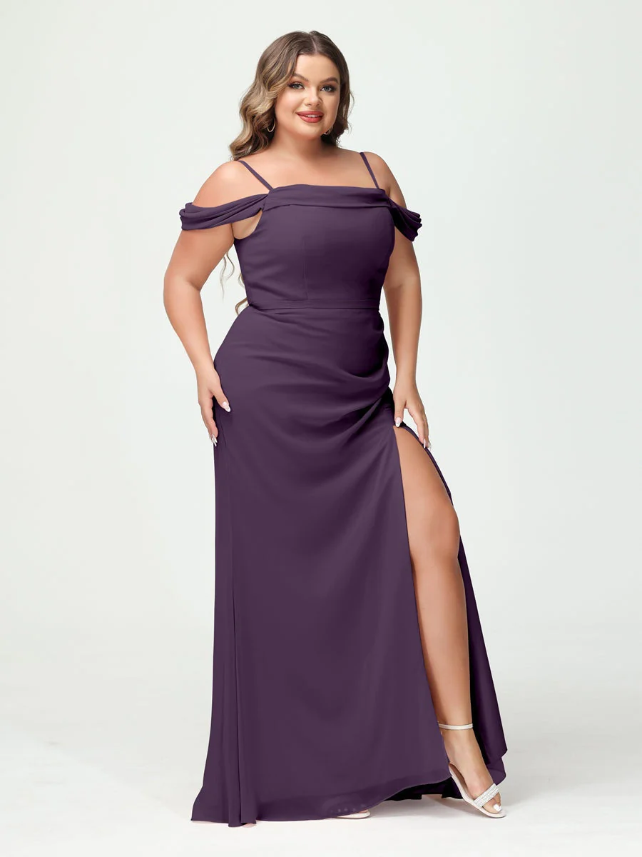 Sheath/Column Spaghetti Straps Off-the-Shoulder Chiffon Split Side Plus Size Bridesmaid Dresses - Image 45