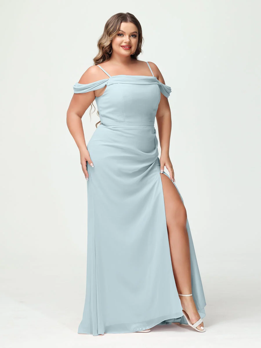 Sheath/Column Spaghetti Straps Off-the-Shoulder Chiffon Split Side Plus Size Bridesmaid Dresses - Image 46