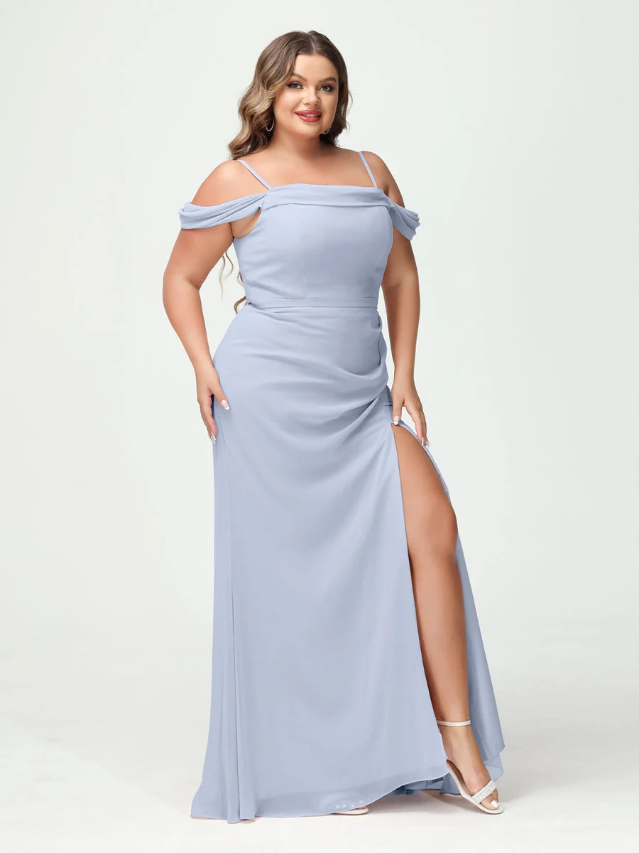 Sheath/Column Spaghetti Straps Off-the-Shoulder Chiffon Split Side Plus Size Bridesmaid Dresses - Image 47