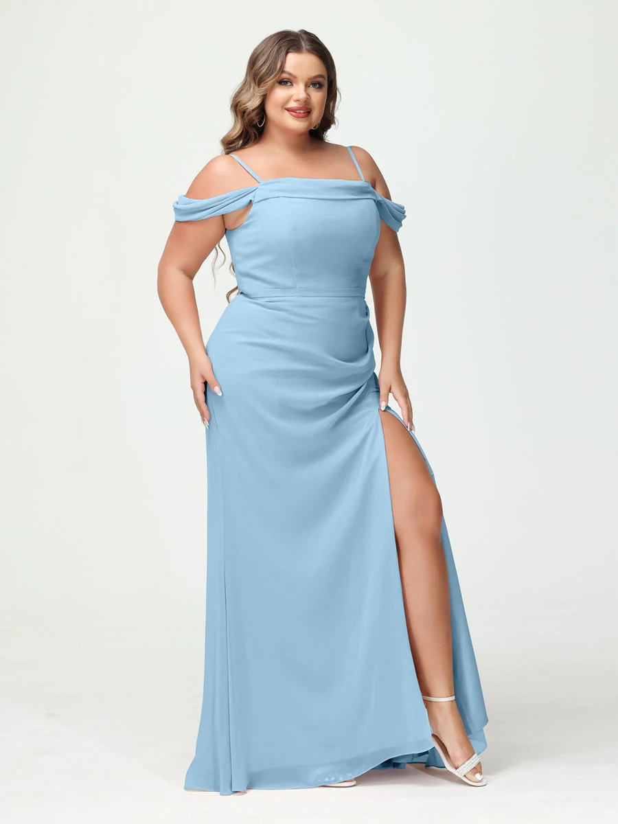 Sheath/Column Spaghetti Straps Off-the-Shoulder Chiffon Split Side Plus Size Bridesmaid Dresses - Image 49