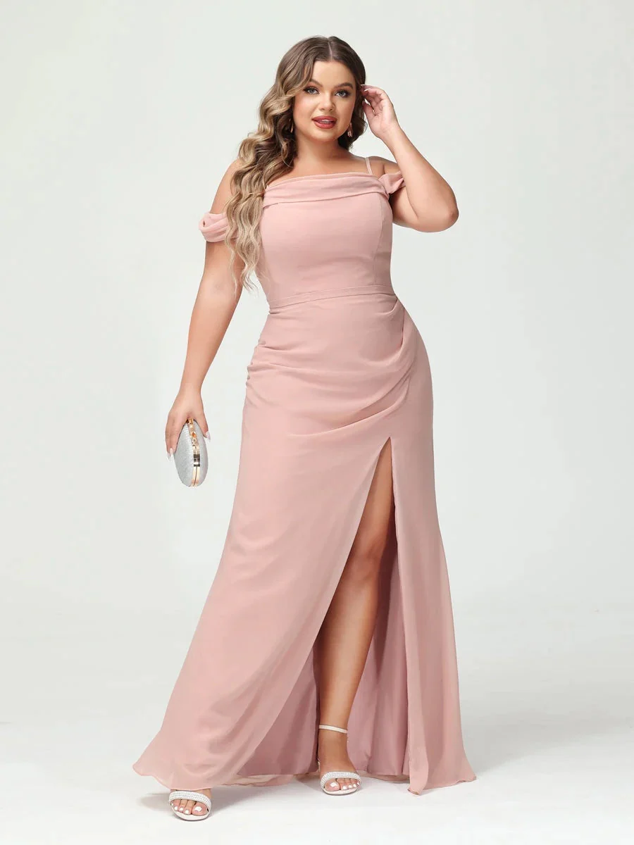 Sheath/Column Spaghetti Straps Off-the-Shoulder Chiffon Split Side Plus Size Bridesmaid Dresses - Image 5