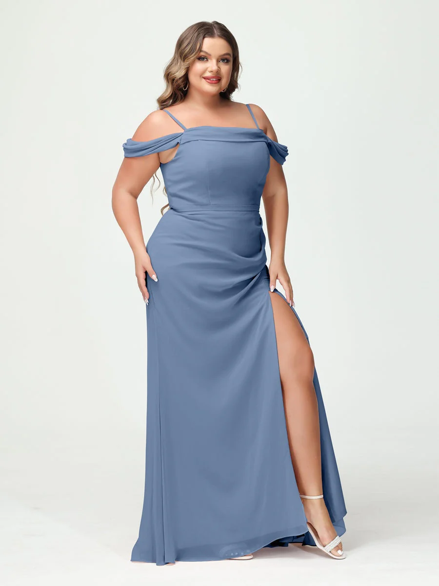 Sheath/Column Spaghetti Straps Off-the-Shoulder Chiffon Split Side Plus Size Bridesmaid Dresses - Image 50