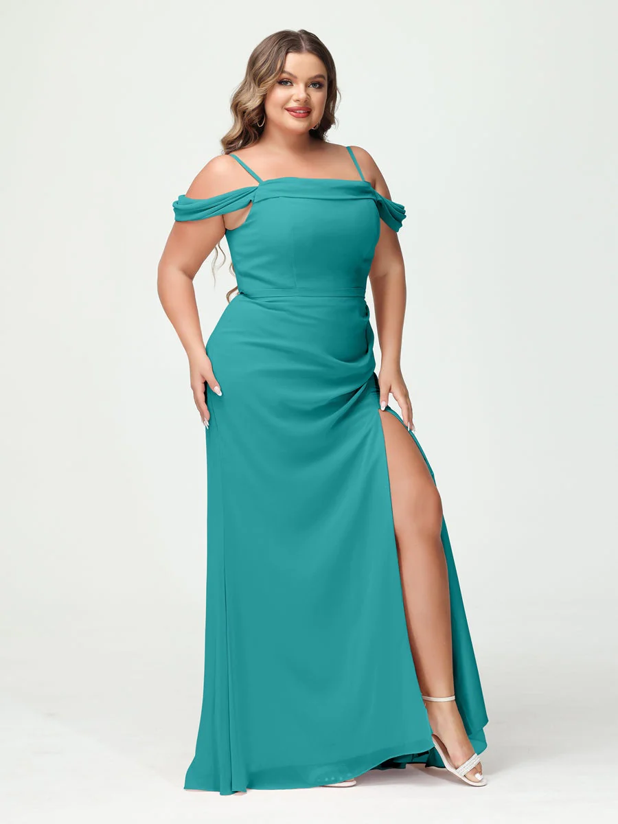 Sheath/Column Spaghetti Straps Off-the-Shoulder Chiffon Split Side Plus Size Bridesmaid Dresses - Image 51