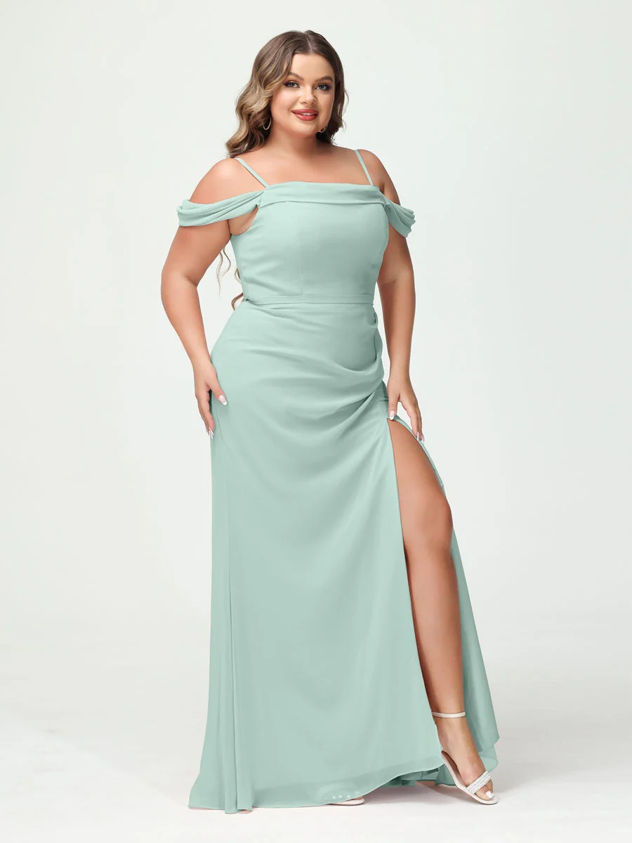 Sheath/Column Spaghetti Straps Off-the-Shoulder Chiffon Split Side Plus Size Bridesmaid Dresses - Image 59