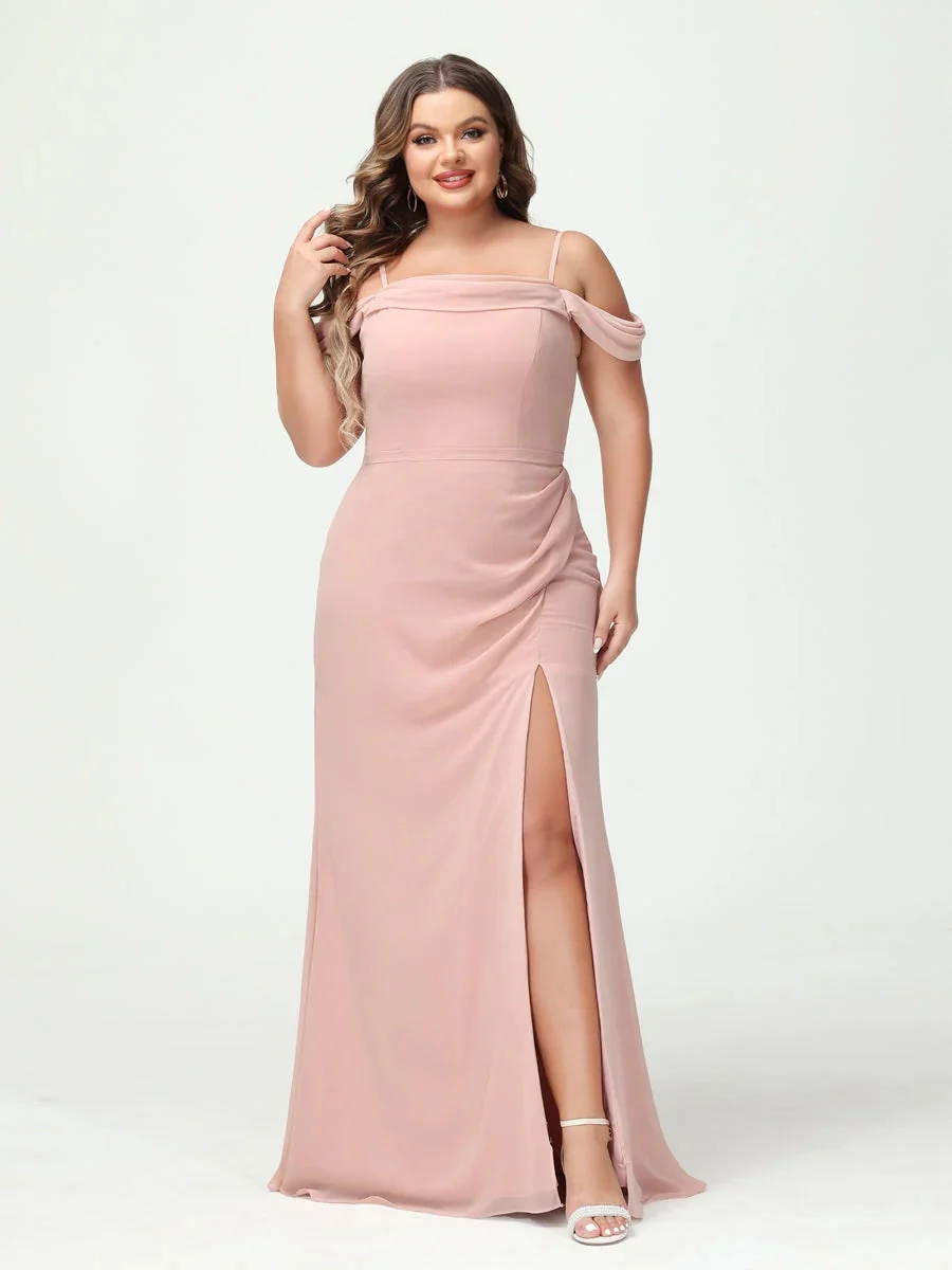 Sheath/Column Spaghetti Straps Off-the-Shoulder Chiffon Split Side Plus Size Bridesmaid Dresses - Image 6