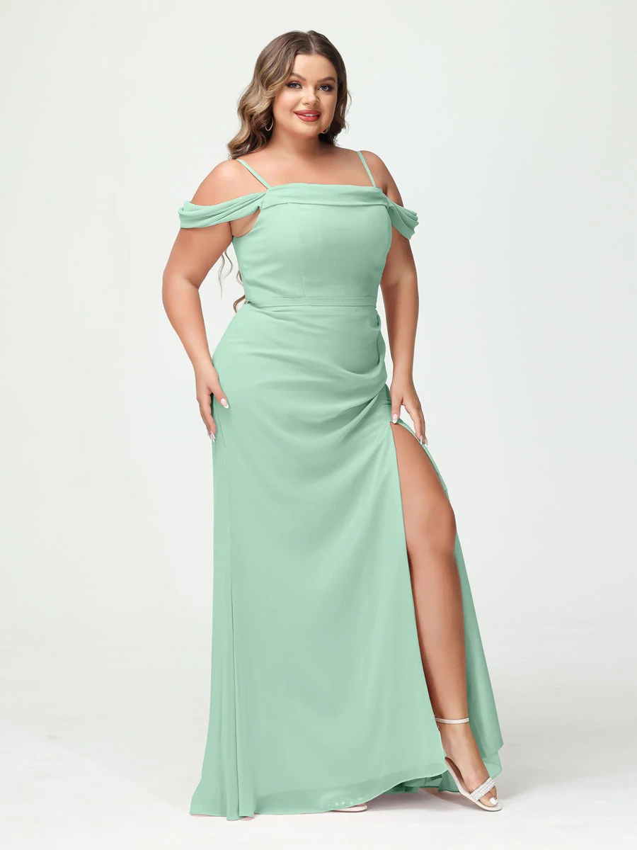 Sheath/Column Spaghetti Straps Off-the-Shoulder Chiffon Split Side Plus Size Bridesmaid Dresses - Image 60