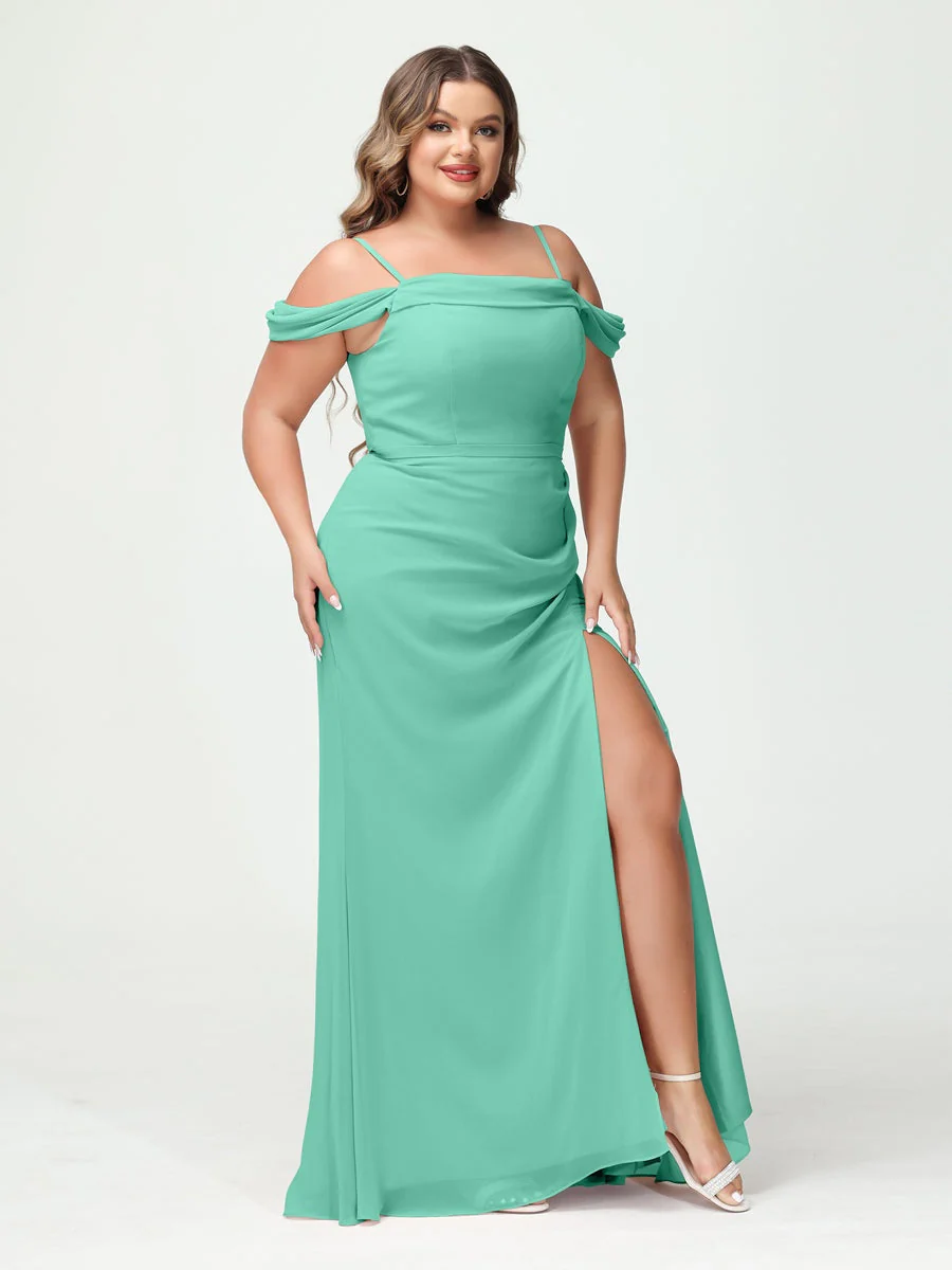 Sheath/Column Spaghetti Straps Off-the-Shoulder Chiffon Split Side Plus Size Bridesmaid Dresses - Image 61