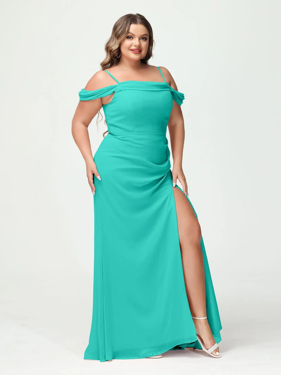 Sheath/Column Spaghetti Straps Off-the-Shoulder Chiffon Split Side Plus Size Bridesmaid Dresses - Image 62