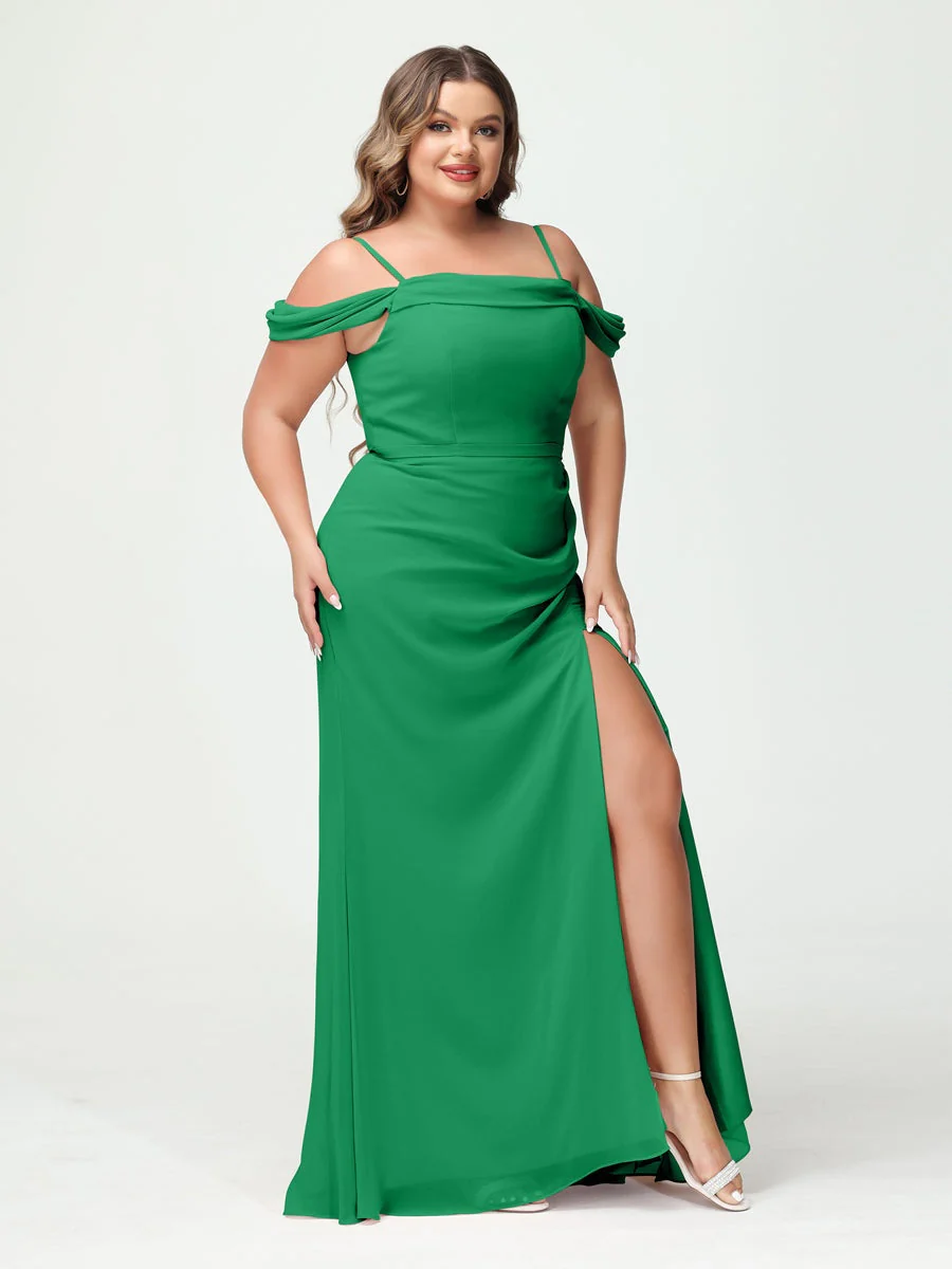 Sheath/Column Spaghetti Straps Off-the-Shoulder Chiffon Split Side Plus Size Bridesmaid Dresses - Image 63