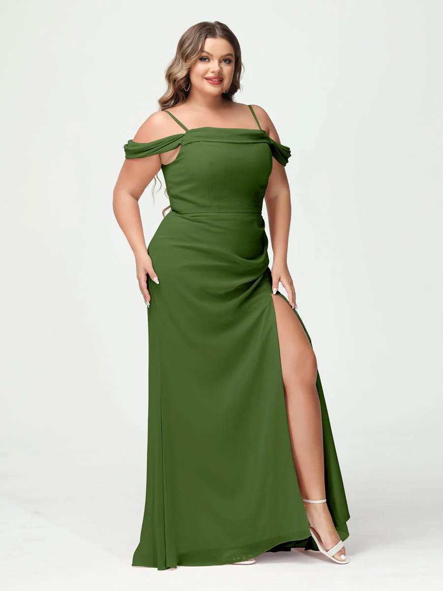 Sheath/Column Spaghetti Straps Off-the-Shoulder Chiffon Split Side Plus Size Bridesmaid Dresses - Image 64