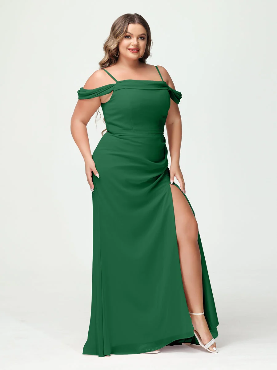 Sheath/Column Spaghetti Straps Off-the-Shoulder Chiffon Split Side Plus Size Bridesmaid Dresses - Image 66