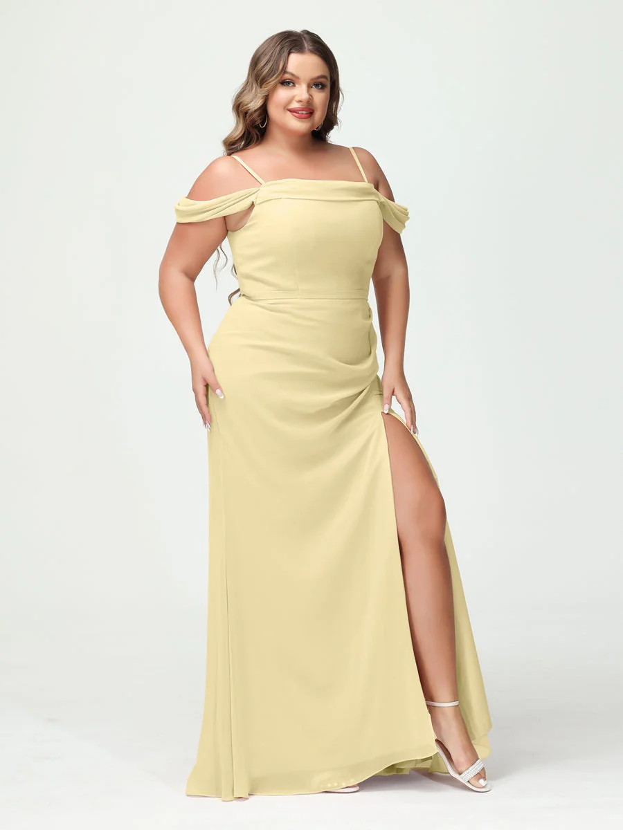 Sheath/Column Spaghetti Straps Off-the-Shoulder Chiffon Split Side Plus Size Bridesmaid Dresses - Image 67