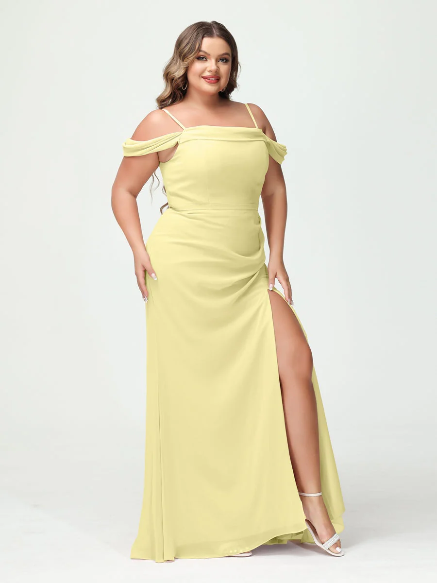 Sheath/Column Spaghetti Straps Off-the-Shoulder Chiffon Split Side Plus Size Bridesmaid Dresses - Image 68