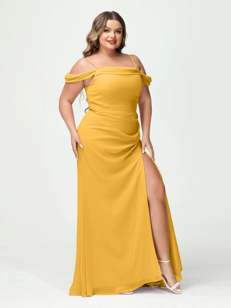 Sheath/Column Spaghetti Straps Off-the-Shoulder Chiffon Split Side Plus Size Bridesmaid Dresses - Image 69