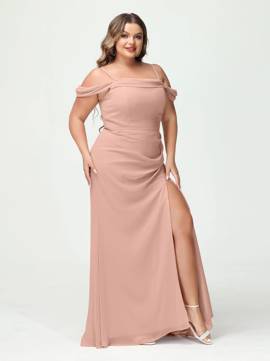 Sheath/Column Spaghetti Straps Off-the-Shoulder Chiffon Split Side Plus Size Bridesmaid Dresses - Image 7