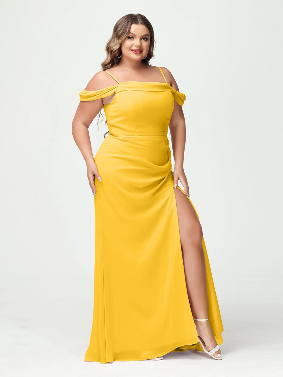 Sheath/Column Spaghetti Straps Off-the-Shoulder Chiffon Split Side Plus Size Bridesmaid Dresses - Image 70