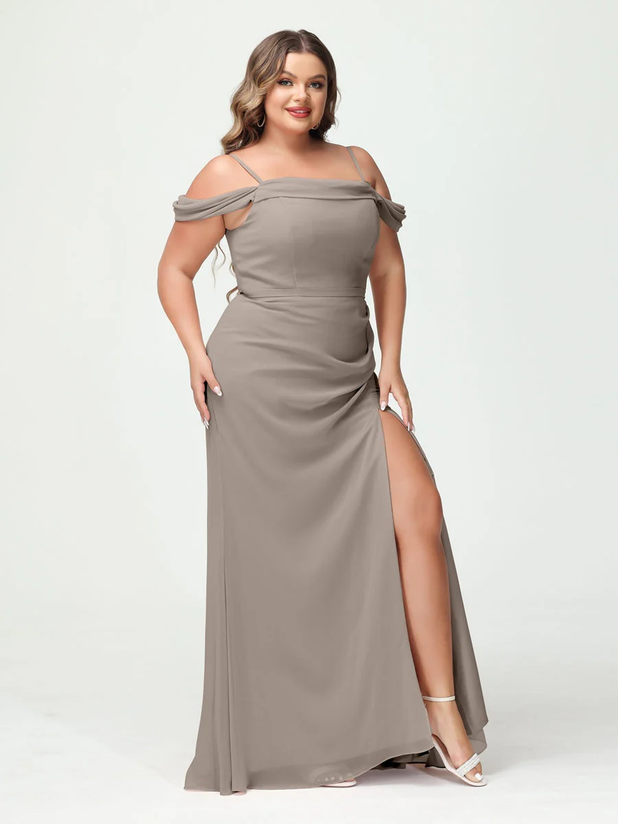 Sheath/Column Spaghetti Straps Off-the-Shoulder Chiffon Split Side Plus Size Bridesmaid Dresses - Image 72