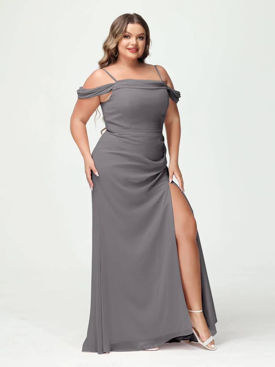 Sheath/Column Spaghetti Straps Off-the-Shoulder Chiffon Split Side Plus Size Bridesmaid Dresses - Image 73
