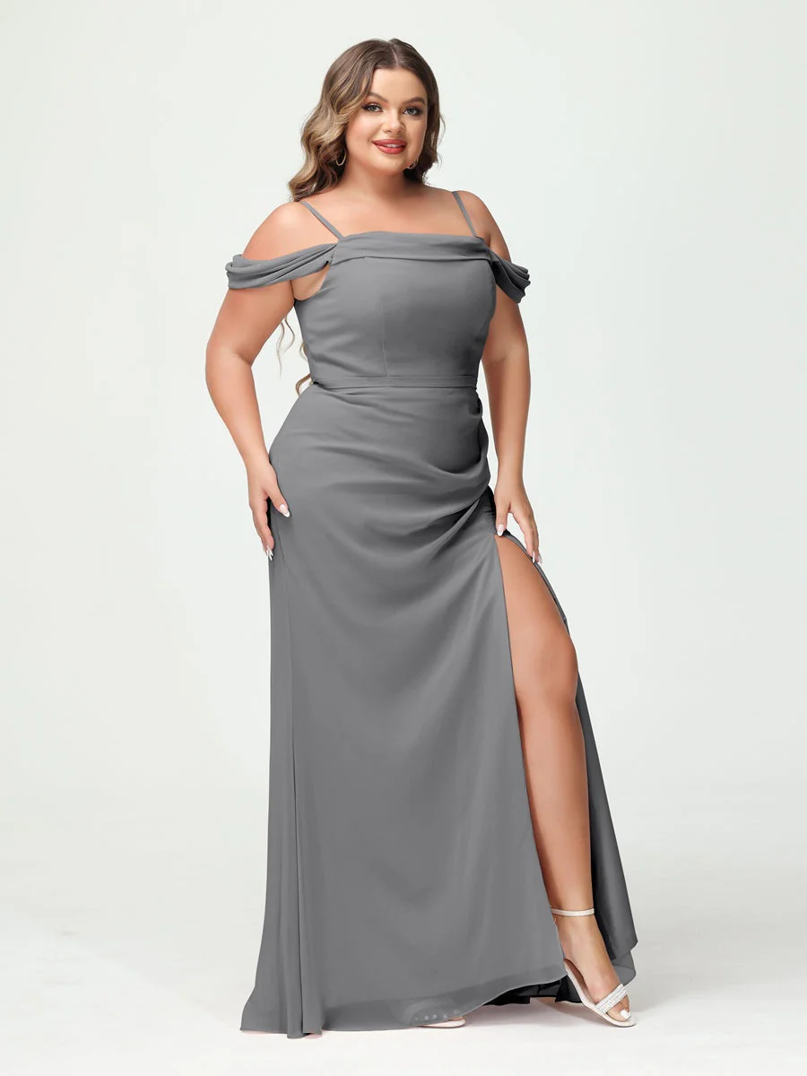 Sheath/Column Spaghetti Straps Off-the-Shoulder Chiffon Split Side Plus Size Bridesmaid Dresses - Image 74