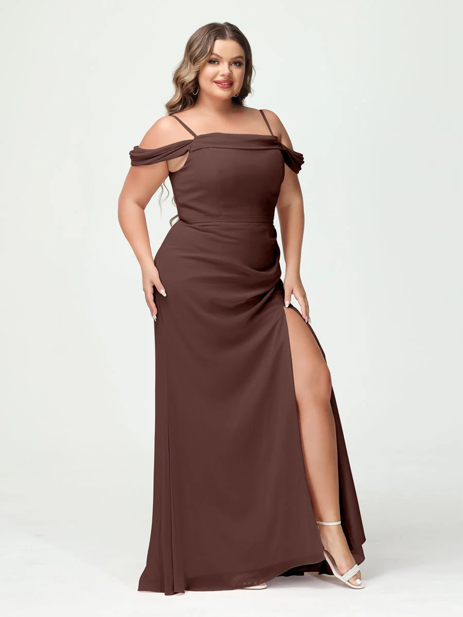 Sheath/Column Spaghetti Straps Off-the-Shoulder Chiffon Split Side Plus Size Bridesmaid Dresses - Image 75
