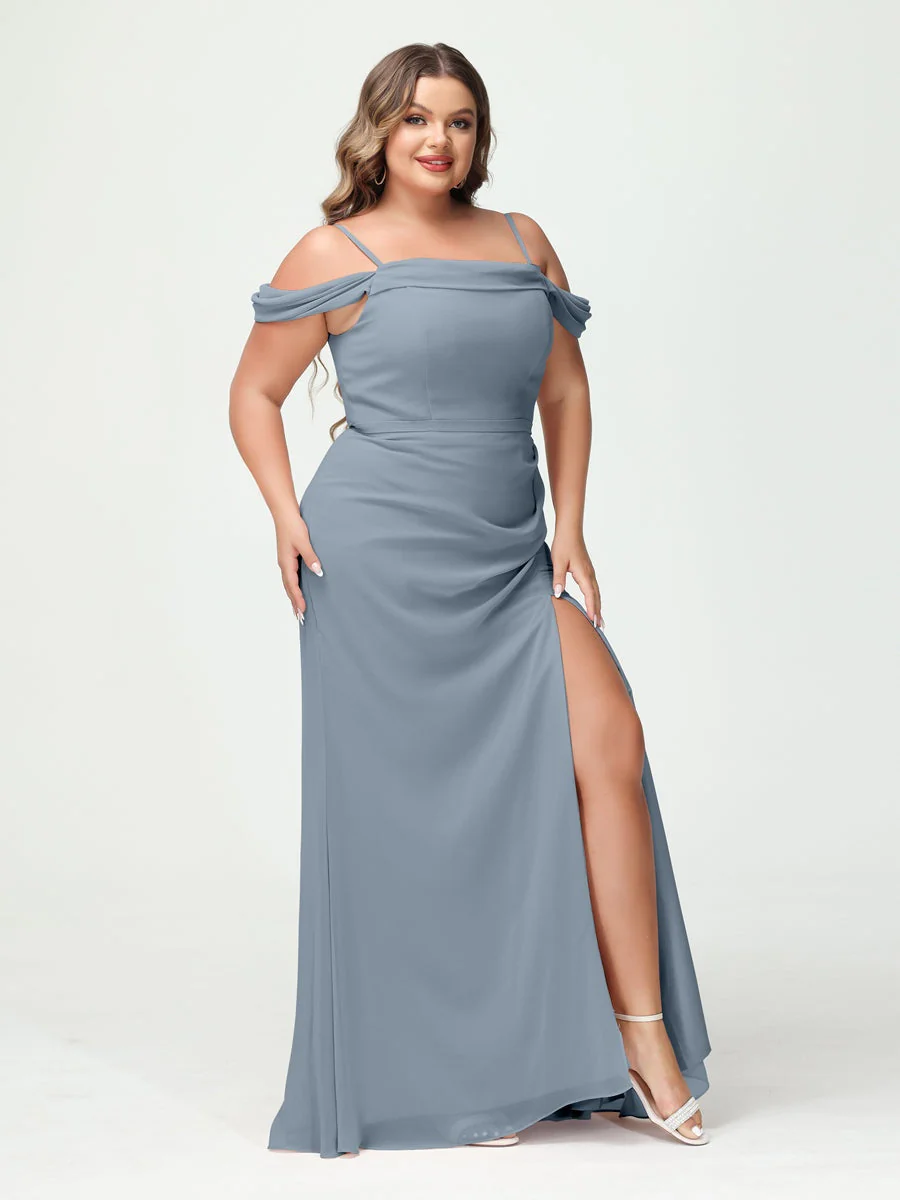 Sheath/Column Spaghetti Straps Off-the-Shoulder Chiffon Split Side Plus Size Bridesmaid Dresses - Image 8
