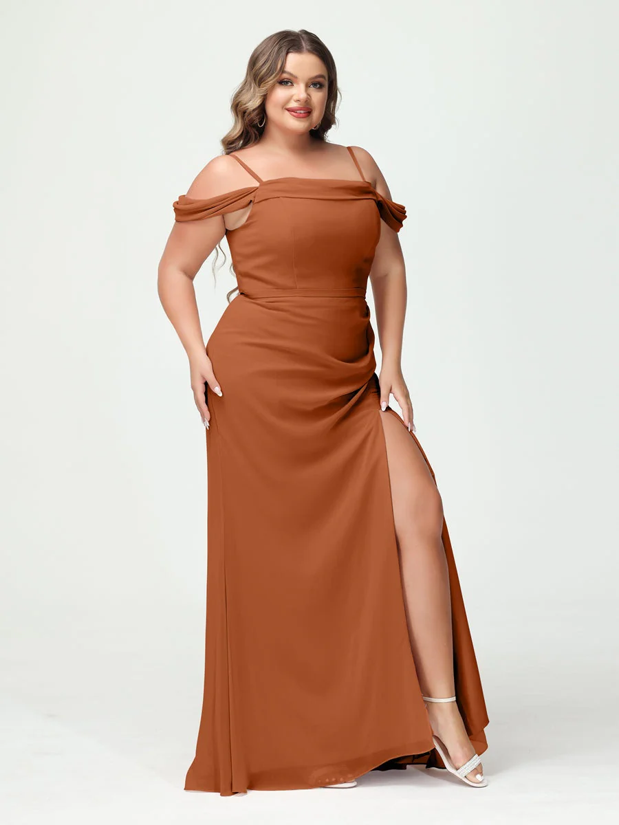 Sheath/Column Spaghetti Straps Off-the-Shoulder Chiffon Split Side Plus Size Bridesmaid Dresses - Image 9