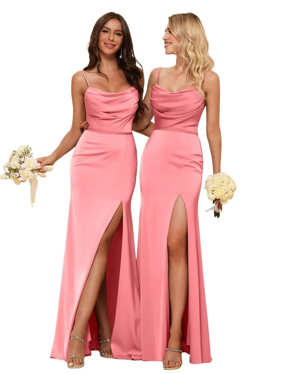 Sheath/Column Spaghetti Straps Sleeveless Floor Length Bridesmaid Dresses Satin with Ruffles Split - Image 20