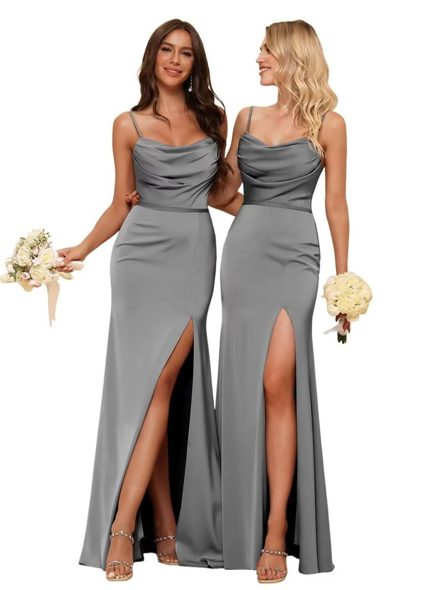 Sheath/Column Spaghetti Straps Sleeveless Floor Length Bridesmaid Dresses Satin with Ruffles Split - Image 21
