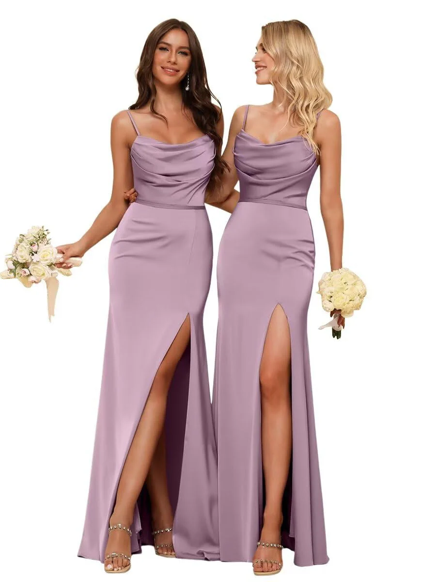 Sheath/Column Spaghetti Straps Sleeveless Floor Length Bridesmaid Dresses Satin with Ruffles Split - Image 27