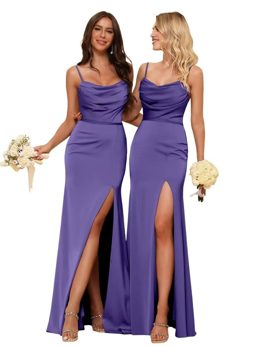 Sheath/Column Spaghetti Straps Sleeveless Floor Length Bridesmaid Dresses Satin with Ruffles Split - Image 28