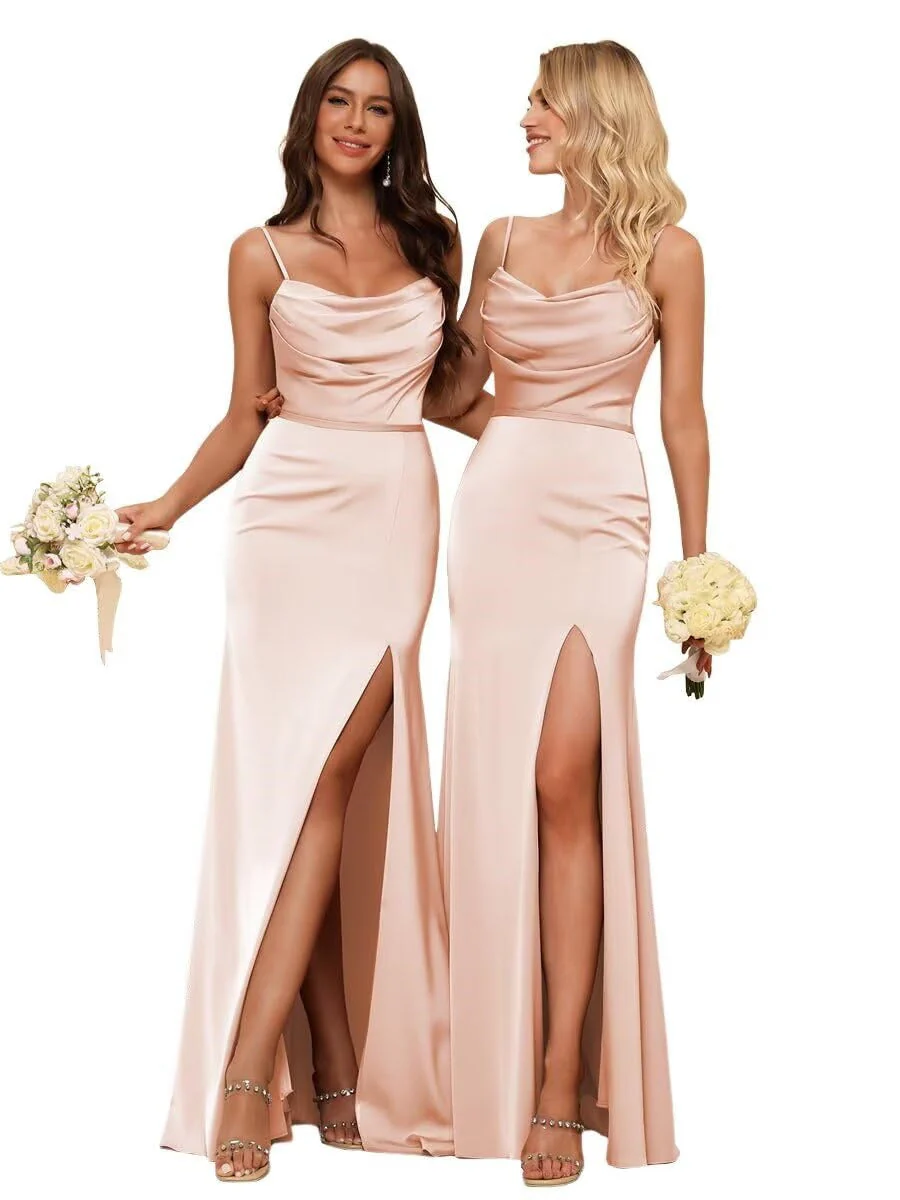 Sheath/Column Spaghetti Straps Sleeveless Floor Length Bridesmaid Dresses Satin with Ruffles Split - Image 29