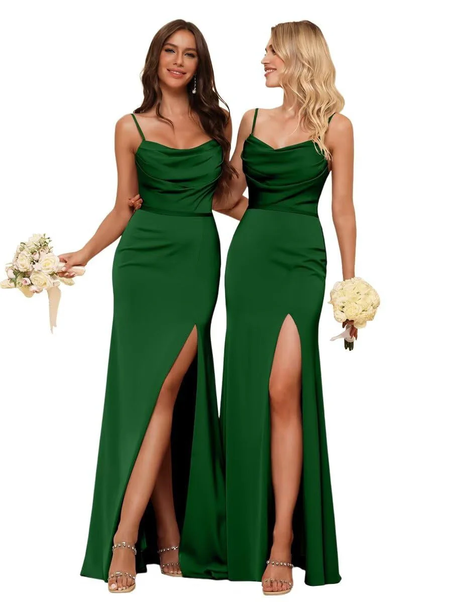 Sheath/Column Spaghetti Straps Sleeveless Floor Length Bridesmaid Dresses Satin with Ruffles Split - Image 33