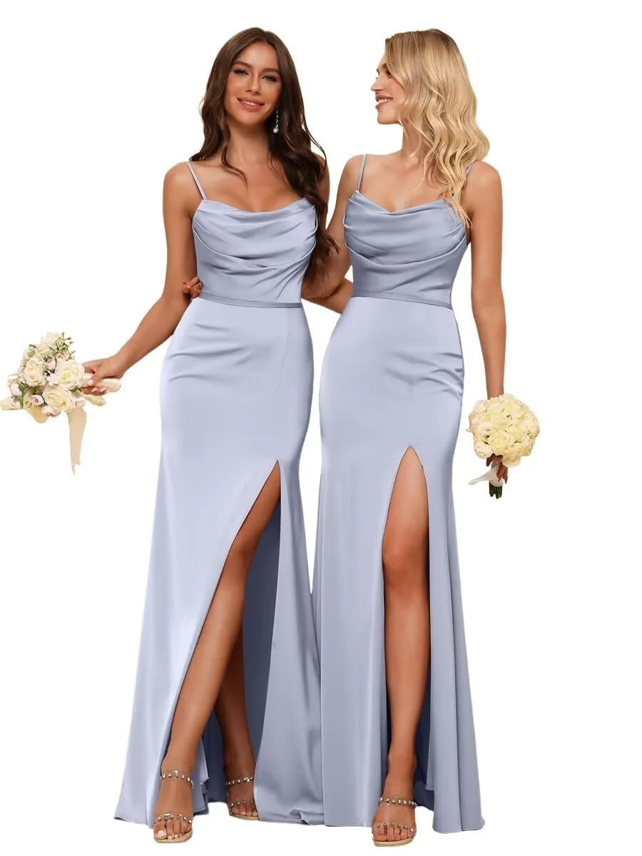 Sheath/Column Spaghetti Straps Sleeveless Floor Length Bridesmaid Dresses Satin with Ruffles Split - Image 37