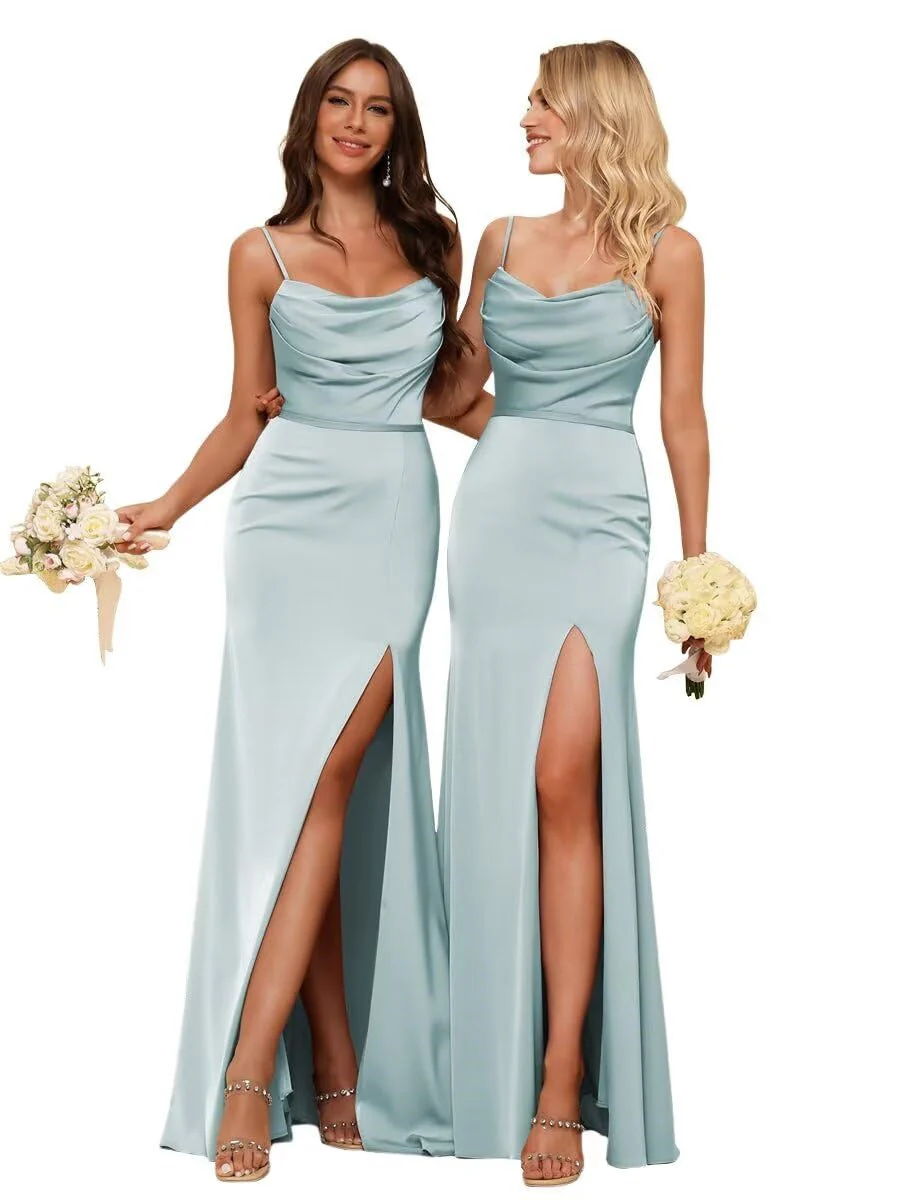 Sheath/Column Spaghetti Straps Sleeveless Floor Length Bridesmaid Dresses Satin with Ruffles Split - Image 38
