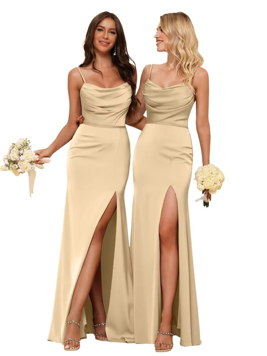 Sheath/Column Spaghetti Straps Sleeveless Floor Length Bridesmaid Dresses Satin with Ruffles Split - Image 6