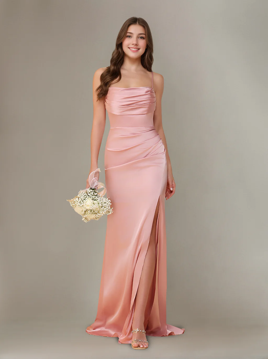 Sheath/Column Spaghetti Straps Sleeveless Floor-Length Silk Satin Bridesmaid Dresses with Ruffles & Split Side - Image 2